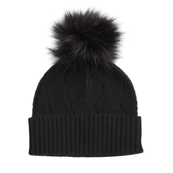 Nordstrom Accessories - Nordstrom 100% Cashmere Faux Fur Pom Beanie Black
